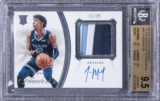2019/20 Panini Flawless "Flawless Patch Autographs" #43 Ja Morant Signed Game Used Patch Rookie Card (#21/25) - BGS GEM MT 9.5/BGS 10